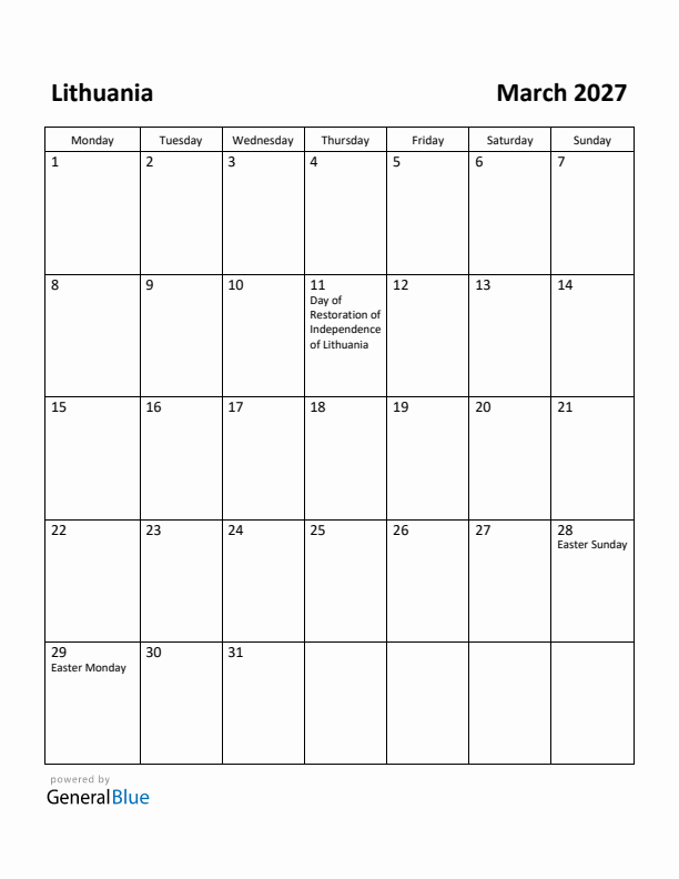 March 2027 Calendar with Lithuania Holidays