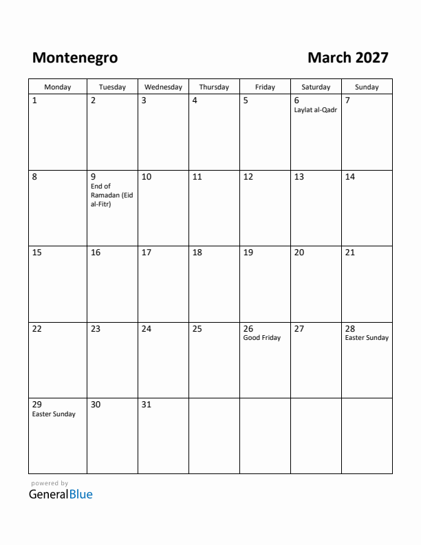 March 2027 Calendar with Montenegro Holidays