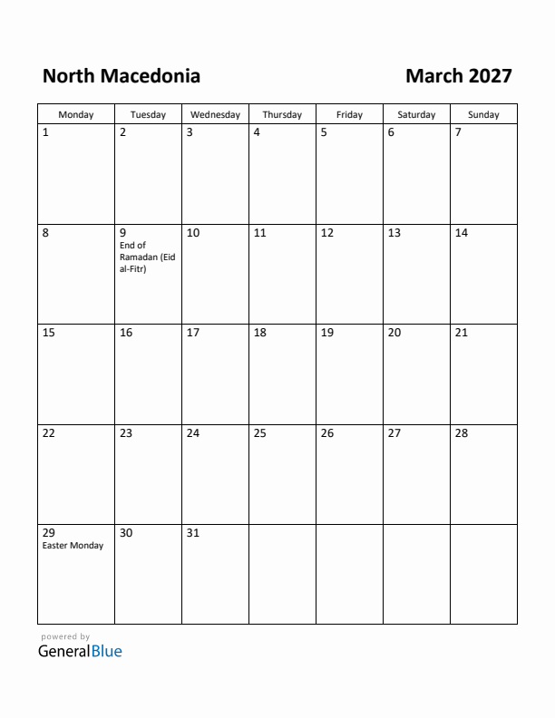 March 2027 Calendar with North Macedonia Holidays