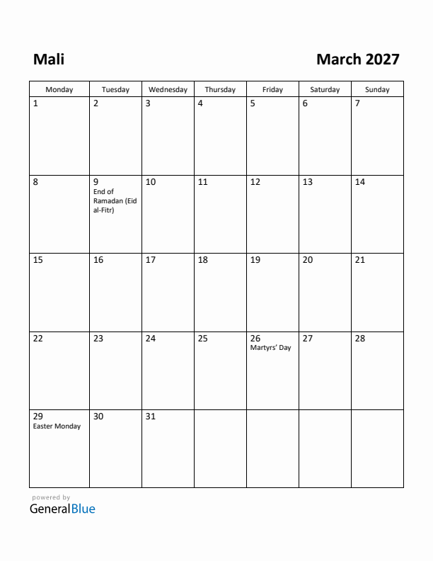 March 2027 Calendar with Mali Holidays