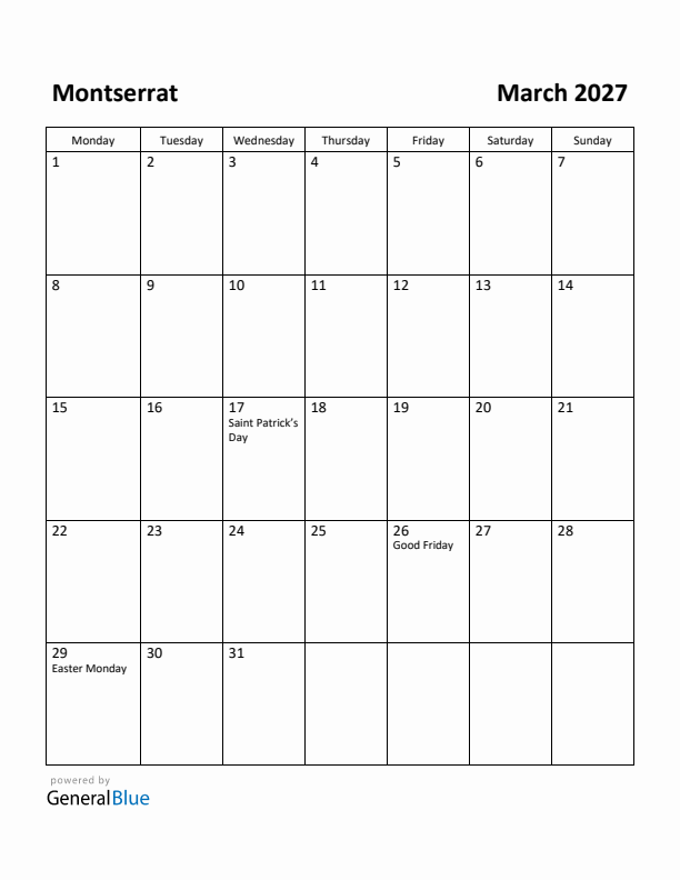 March 2027 Calendar with Montserrat Holidays