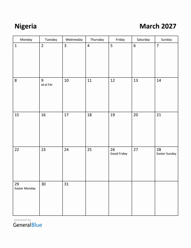 March 2027 Calendar with Nigeria Holidays