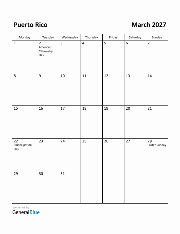 March 2027 Calendar with Puerto Rico Holidays