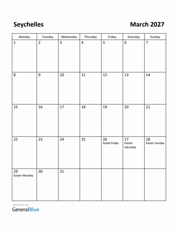 March 2027 Calendar with Seychelles Holidays
