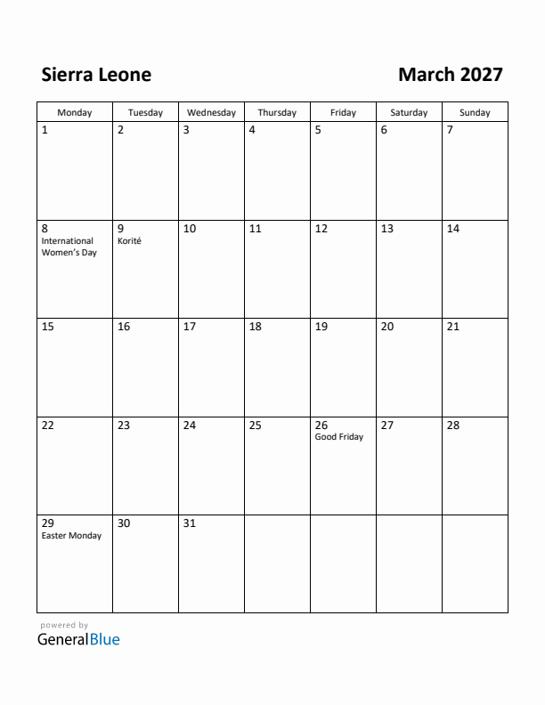 March 2027 Calendar with Sierra Leone Holidays