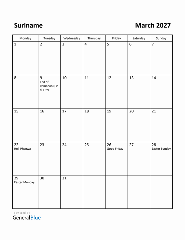 March 2027 Calendar with Suriname Holidays
