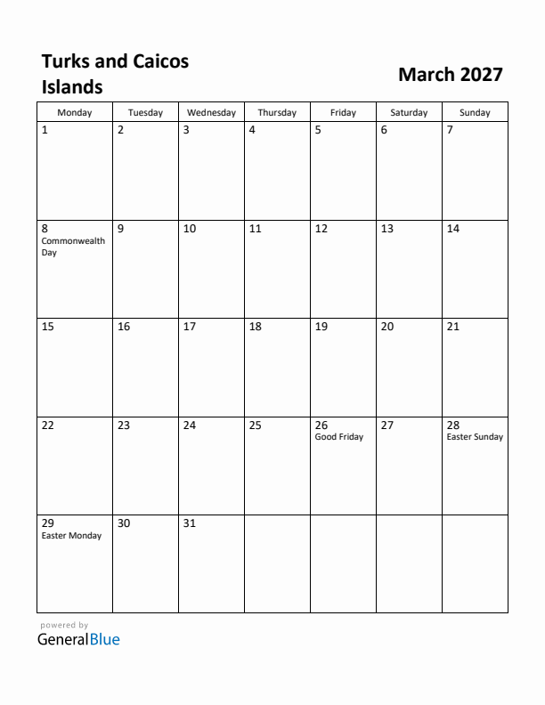 March 2027 Calendar with Turks and Caicos Islands Holidays