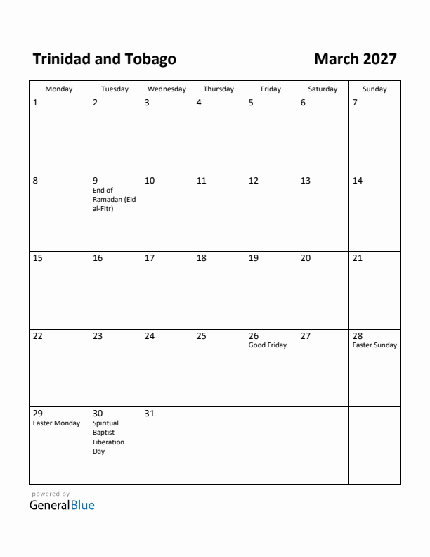 March 2027 Calendar with Trinidad and Tobago Holidays