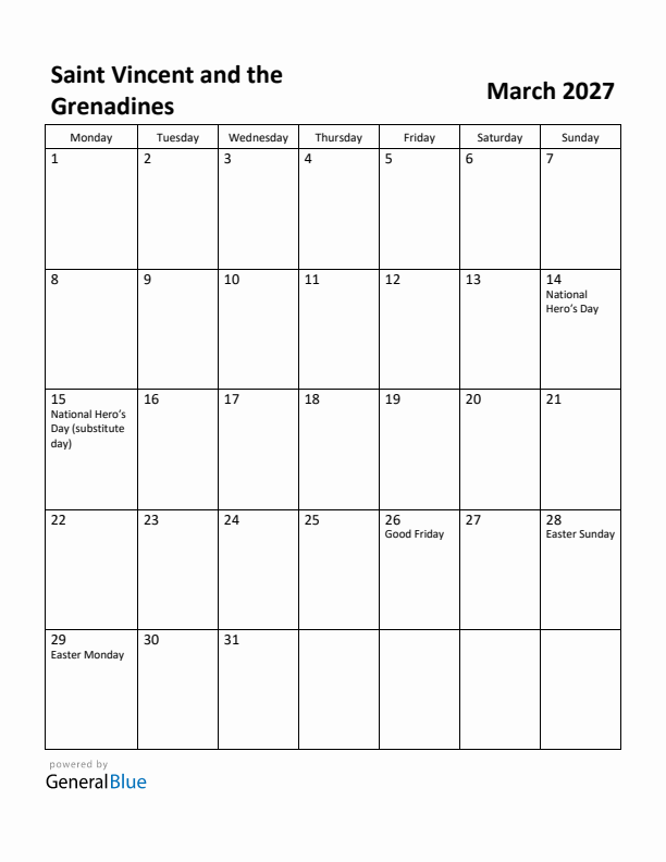 March 2027 Calendar with Saint Vincent and the Grenadines Holidays