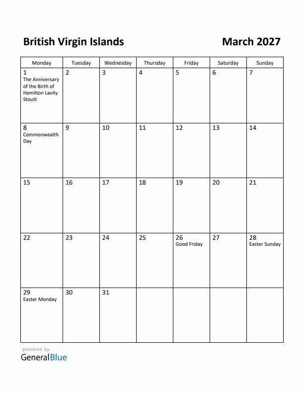March 2027 Calendar with British Virgin Islands Holidays