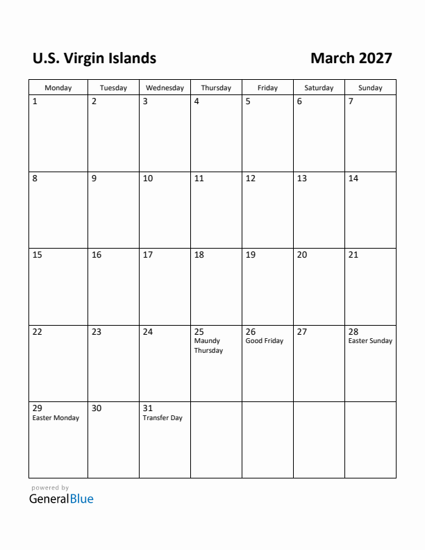 March 2027 Calendar with U.S. Virgin Islands Holidays