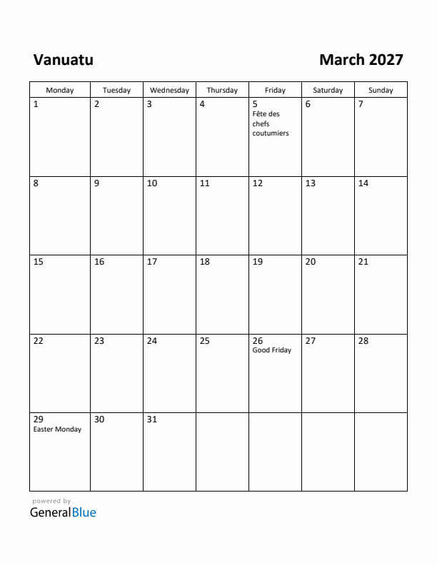 March 2027 Calendar with Vanuatu Holidays