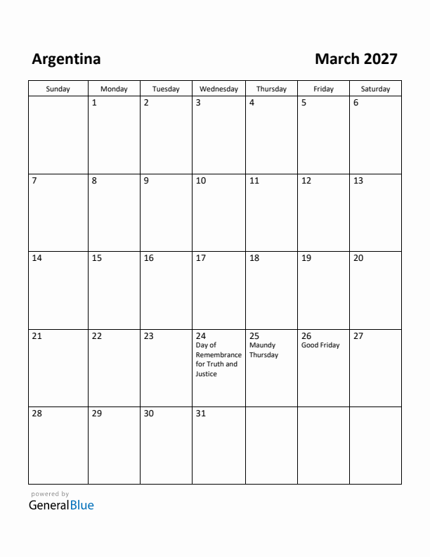 March 2027 Calendar with Argentina Holidays