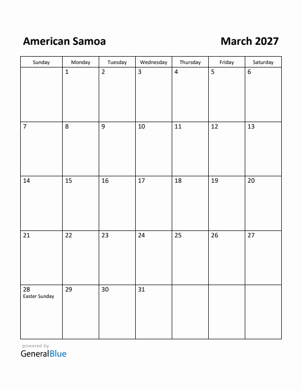 March 2027 Calendar with American Samoa Holidays