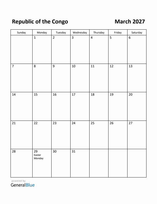 March 2027 Calendar with Republic of the Congo Holidays
