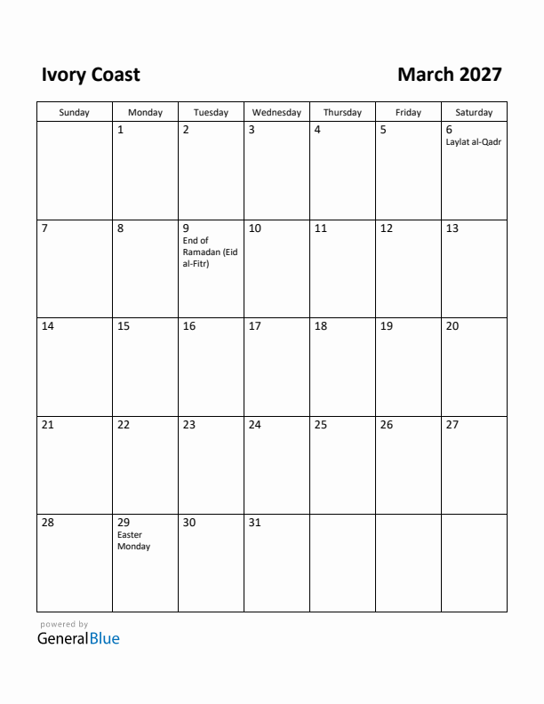 March 2027 Calendar with Ivory Coast Holidays