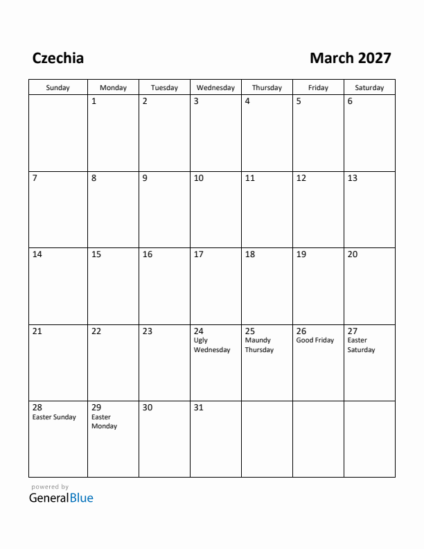 March 2027 Calendar with Czechia Holidays