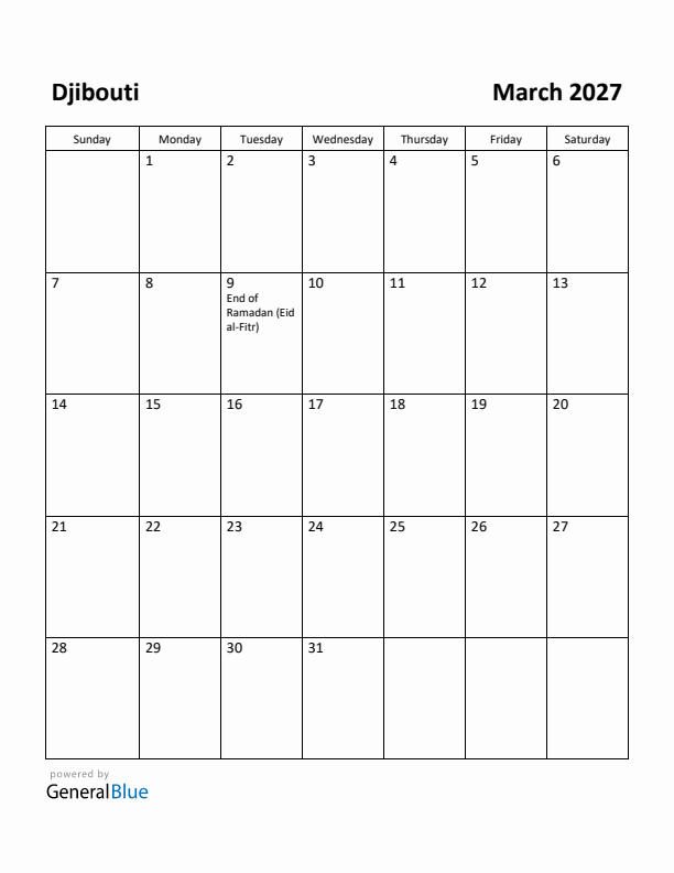 March 2027 Calendar with Djibouti Holidays