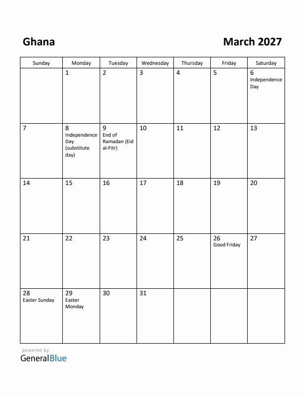 March 2027 Calendar with Ghana Holidays