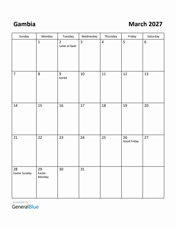 March 2027 Calendar with Gambia Holidays