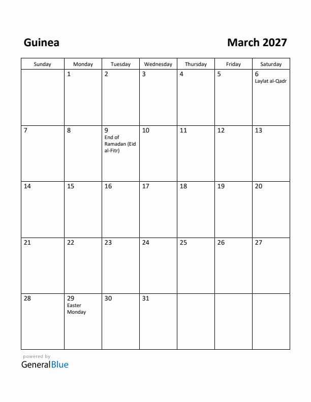 March 2027 Calendar with Guinea Holidays