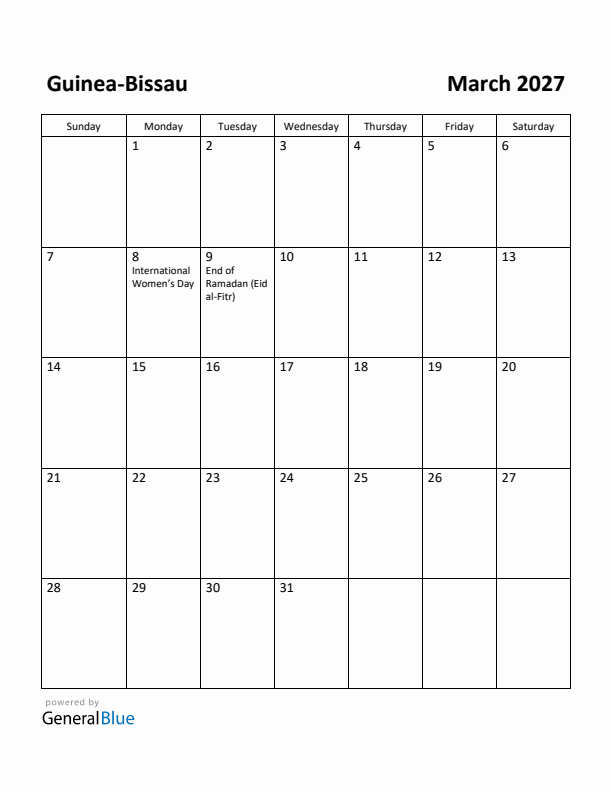 March 2027 Calendar with Guinea-Bissau Holidays