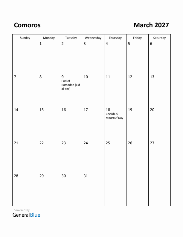 March 2027 Calendar with Comoros Holidays