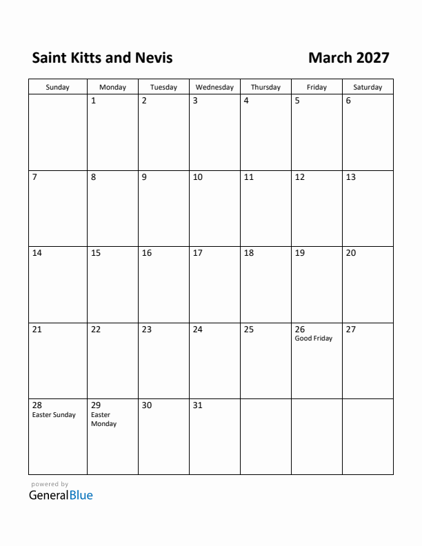 March 2027 Calendar with Saint Kitts and Nevis Holidays