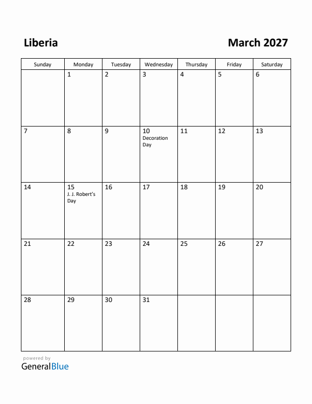 March 2027 Calendar with Liberia Holidays