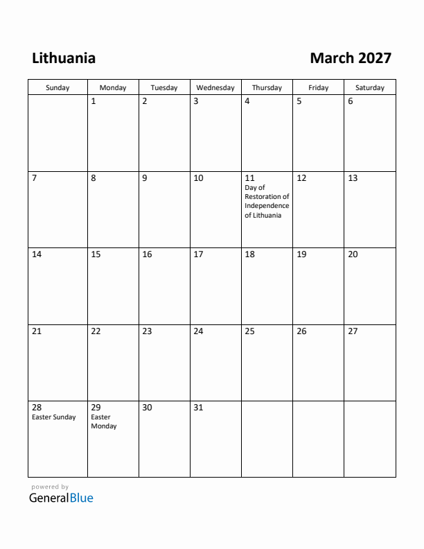 March 2027 Calendar with Lithuania Holidays