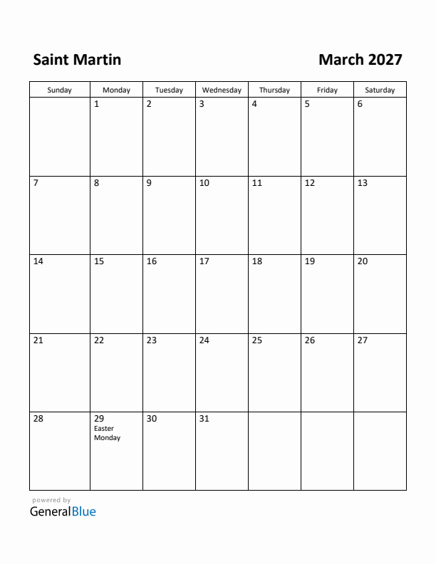 March 2027 Calendar with Saint Martin Holidays