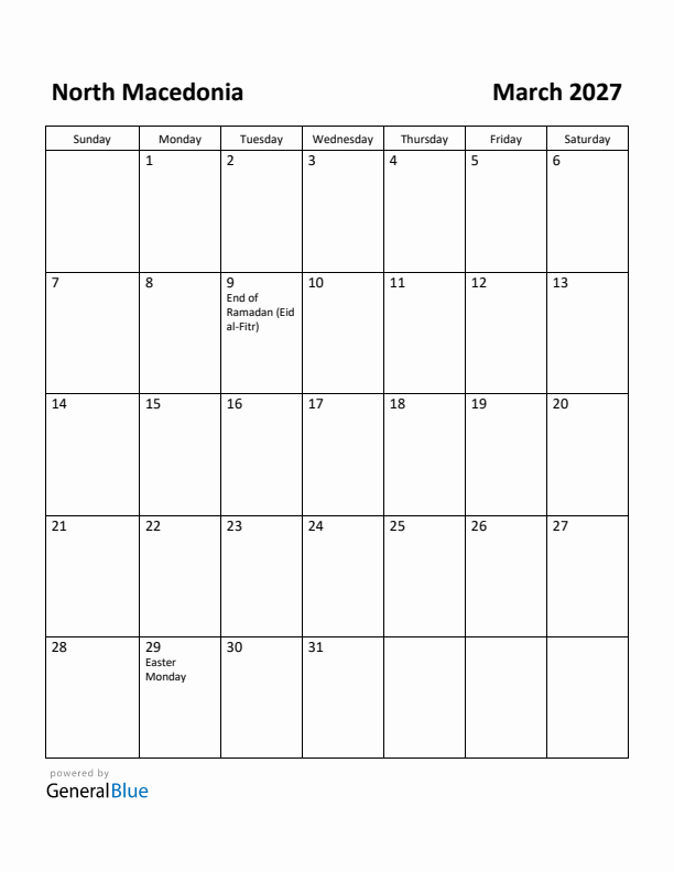 March 2027 Calendar with North Macedonia Holidays