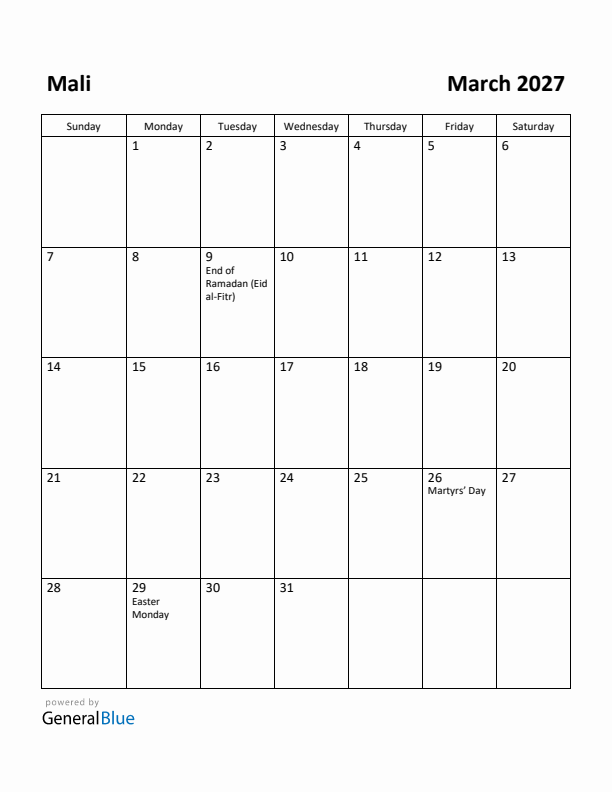 March 2027 Calendar with Mali Holidays