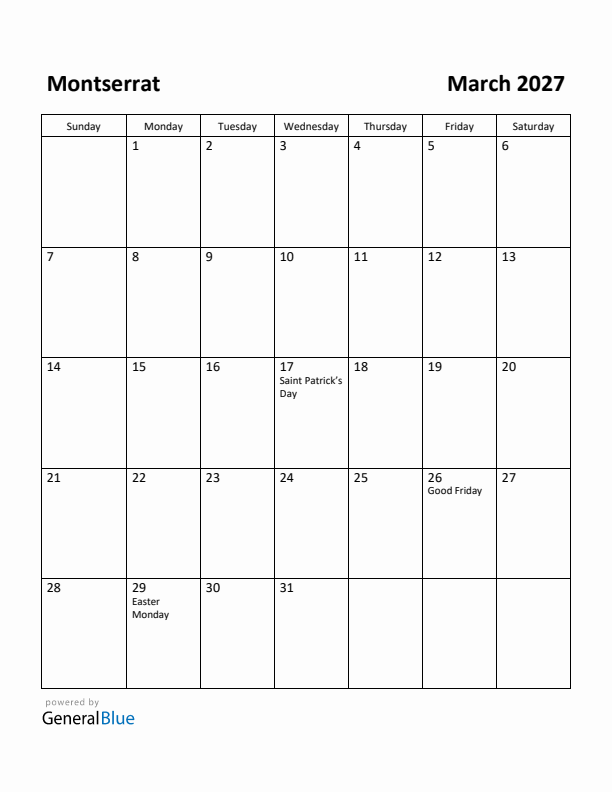 March 2027 Calendar with Montserrat Holidays