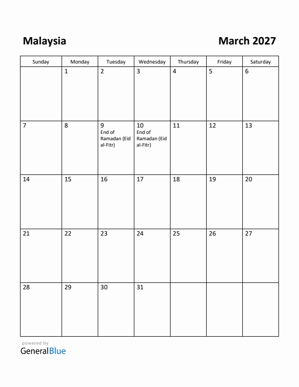 March 2027 Calendar with Malaysia Holidays