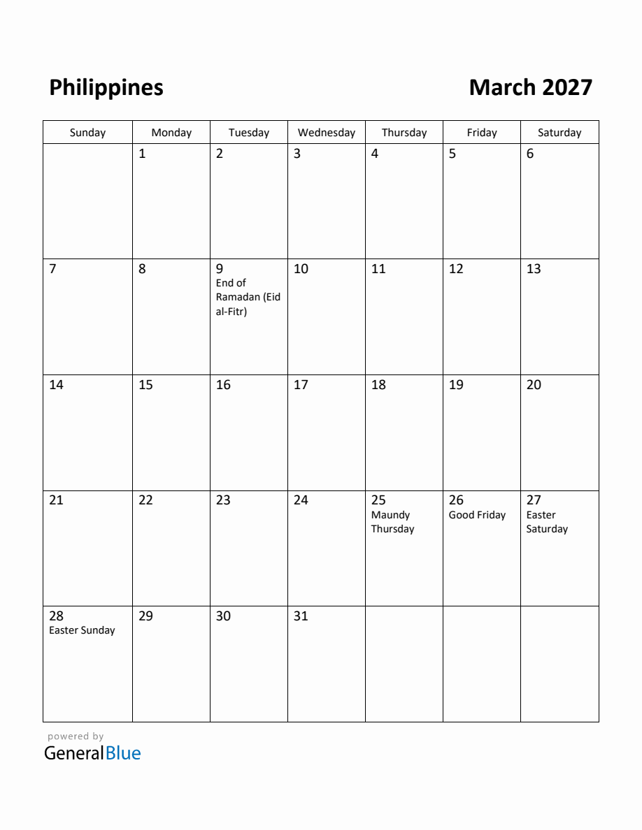Free Printable March 2027 Calendar for Philippines