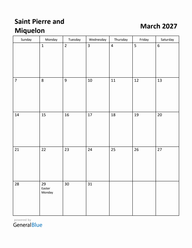 March 2027 Calendar with Saint Pierre and Miquelon Holidays