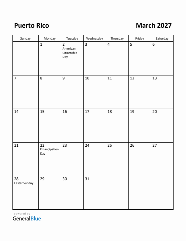 March 2027 Calendar with Puerto Rico Holidays