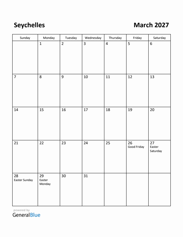 March 2027 Calendar with Seychelles Holidays