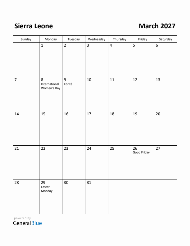 March 2027 Calendar with Sierra Leone Holidays