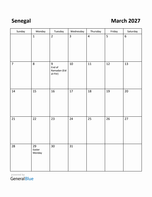 March 2027 Calendar with Senegal Holidays