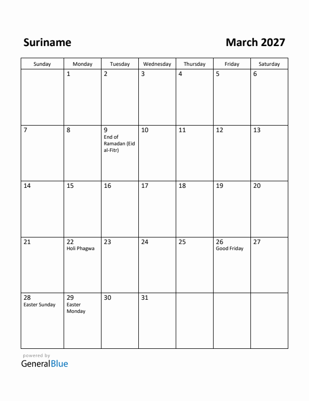 March 2027 Calendar with Suriname Holidays