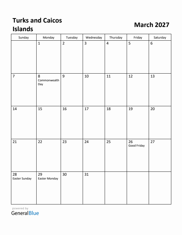 March 2027 Calendar with Turks and Caicos Islands Holidays