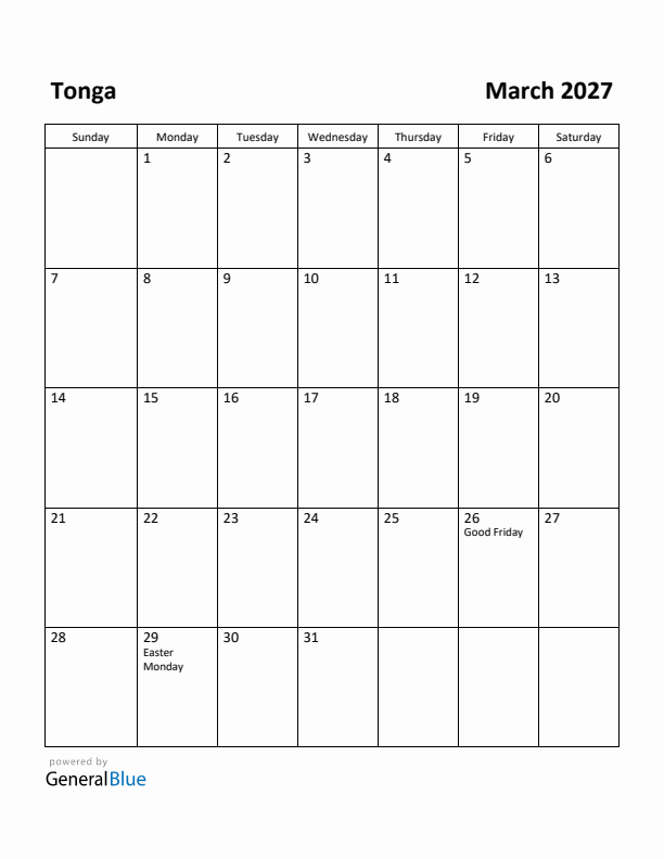 March 2027 Calendar with Tonga Holidays