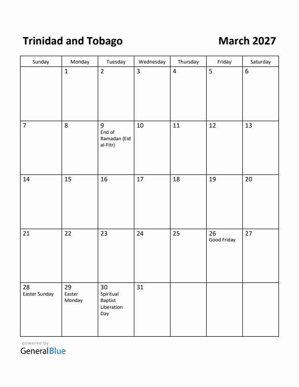 March 2027 Calendar with Trinidad and Tobago Holidays