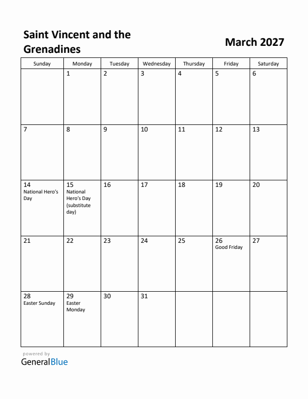March 2027 Calendar with Saint Vincent and the Grenadines Holidays