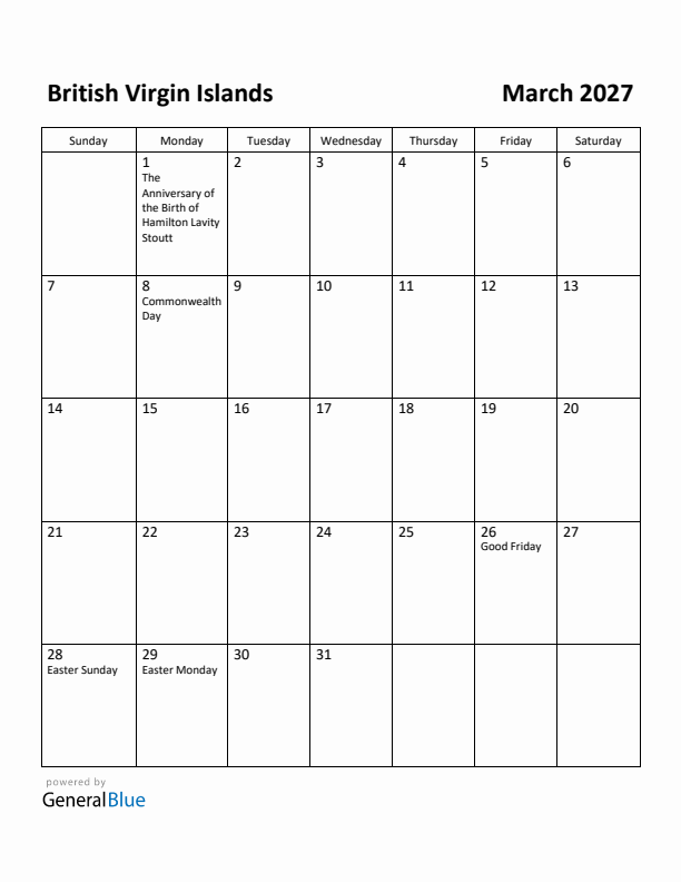 March 2027 Calendar with British Virgin Islands Holidays