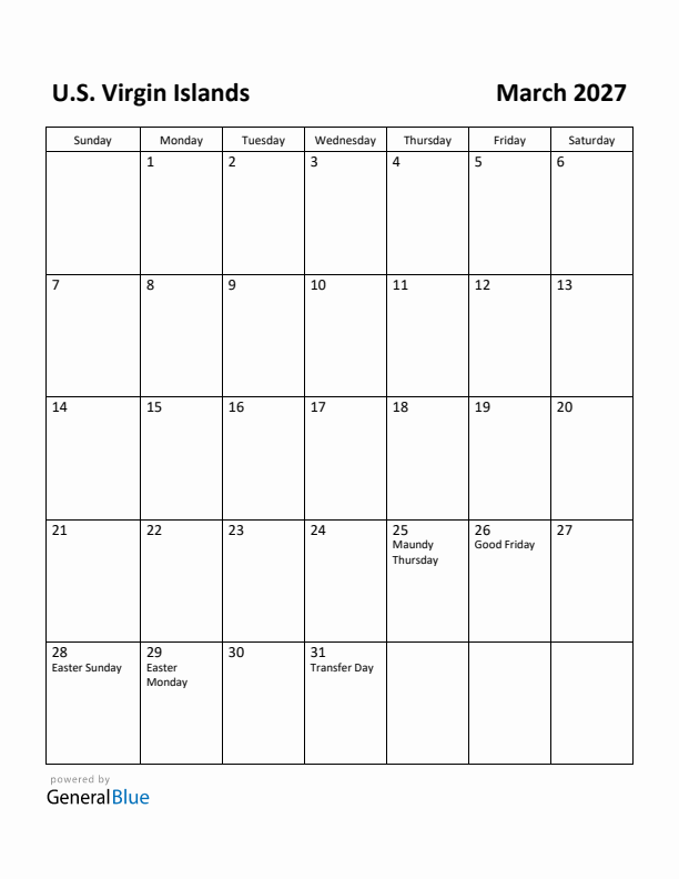March 2027 Calendar with U.S. Virgin Islands Holidays
