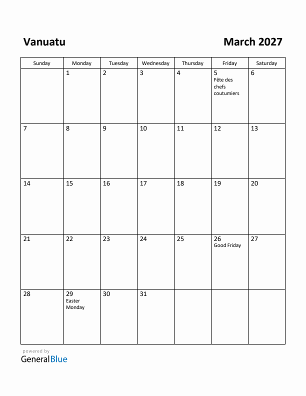 March 2027 Calendar with Vanuatu Holidays