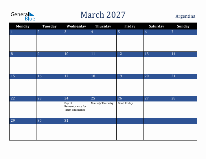 March 2027 Argentina Calendar (Monday Start)